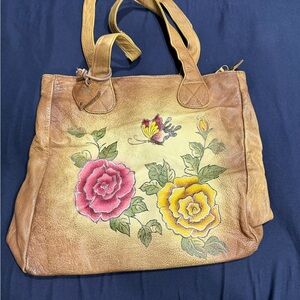 Hand-Painted Floral Leather Tote Bag - Tan with Pink & Yellow Roses
